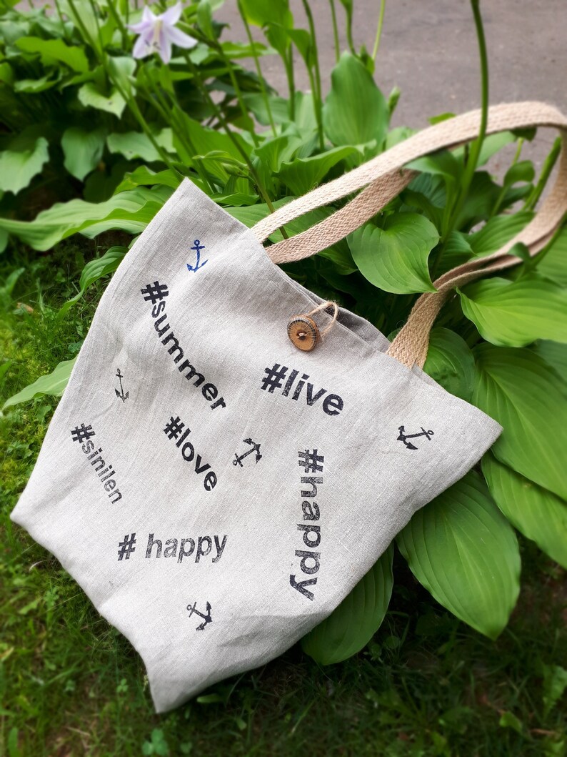 Shopper linen bag. Reusable linen bag. Hashtag print on bag. Etsy