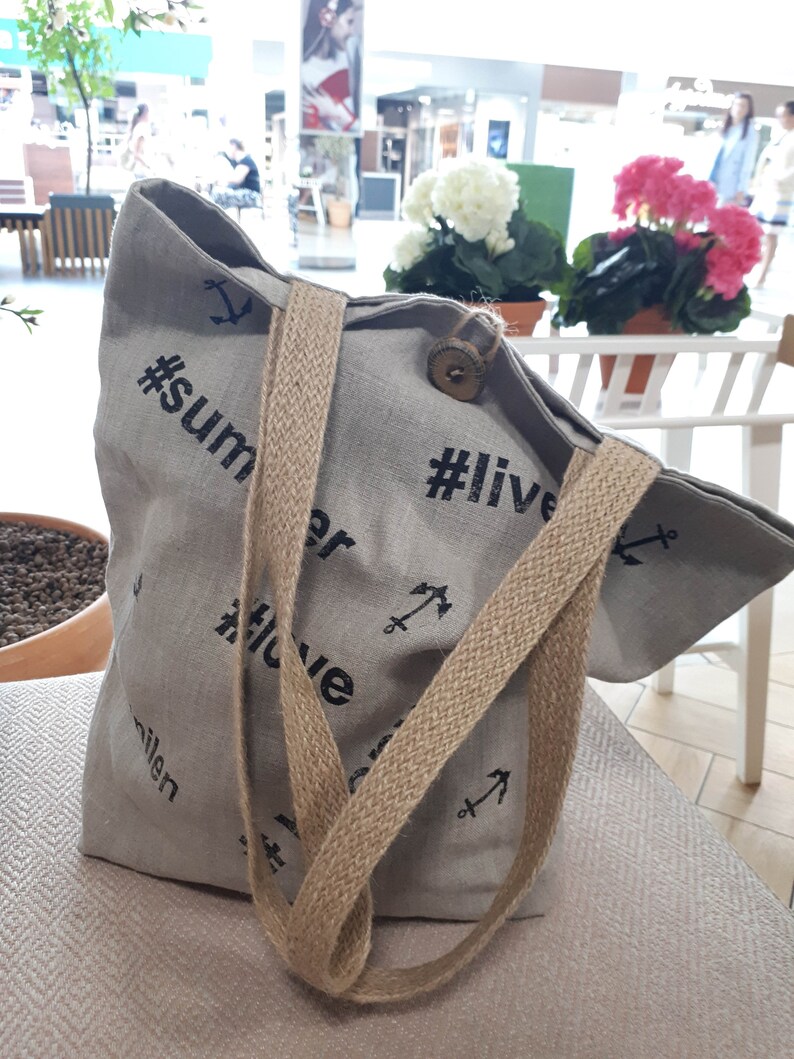 Shopper linen bag. Reusable linen bag. Hashtag print on bag. Etsy