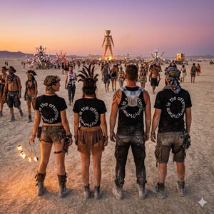 Può includere: Un gruppo di persone cammina su una pianura arida e polverosa al tramonto. Quattro persone in primo piano indossano magliette nere con la scritta "Where is the afterparty?" in cerchio. Altre persone e strutture sono visibili in lontananza.