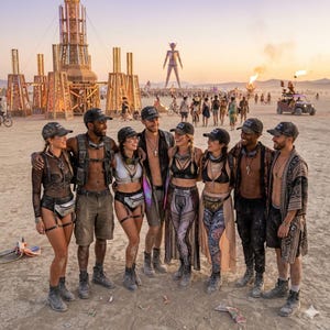 May include: Group of people in desert attire, wearing hats that say "Base Crew", posing for a photo. The background features a large wooden structure, a tall metal statue, and other people. The sky is a warm orange color.