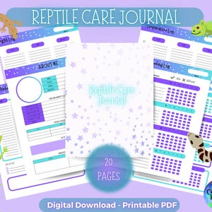 May include: A printable reptile care journal with 20 pages. The cover features a purple and blue gradient background with white stars. The text "Reptile Care Journal" is in black text. The journal includes pages for weight logs, weekly and daily schedules, feeding logs, and temperature logs. There are also pages for general information about the reptile, such as name, species, and enclosure size.