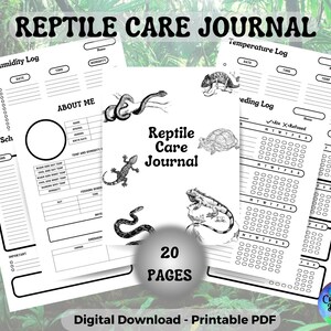 Op de afbeelding: Printbare reptielenverzorgingsjournaal met 20 pagina's. Het journaal bevat secties voor luchtvochtigheid, temperatuur, voeding en een dagelijks schema. Het heeft ook een sectie voor 'over mij', waar je informatie over je reptiel kunt vastleggen.