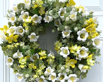 Yellow Rose Myrtle with Bellflowers Wreath | Greens with Tiny White Buds | 16-inch Front Door Spring Wreath | Yellow and White Floral Wreath
