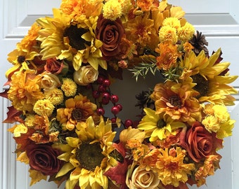 Colorful Autumn Wreath| Sunflower Fall Wreath | Multi-Floral Fall Wreath | Vibrant Fall Front Door Wreath | 17-inch Fall Wreath