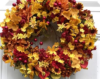 Vibrant 17-inch Fall Multi-Floral Wreath | Front  Door Full Fall Wreath | Daisy | Red & Yellow Year Round Wreath | Glazed Red Berries Wreath