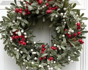Glittered Mistletoe Christmas Wreath | Christmas Front Door Wreath | Christmas Decor | 18-inch Christmas Wreath | Glittered Berry Wreath