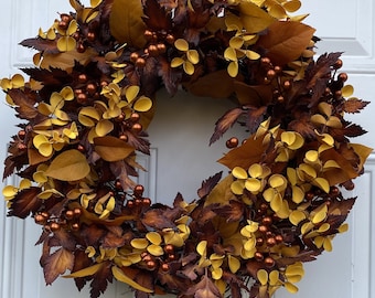 Autumn Leaves Wreath | 18-inch Front Door Fall Wreath | Metallic Berries | Yellow Eucalyptus Leaves | Brown and Golden Leaf Fall Wreath
