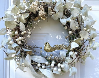 Glittered Christmas Wreath: 14-inch Berries, Leaves, Golden Bird