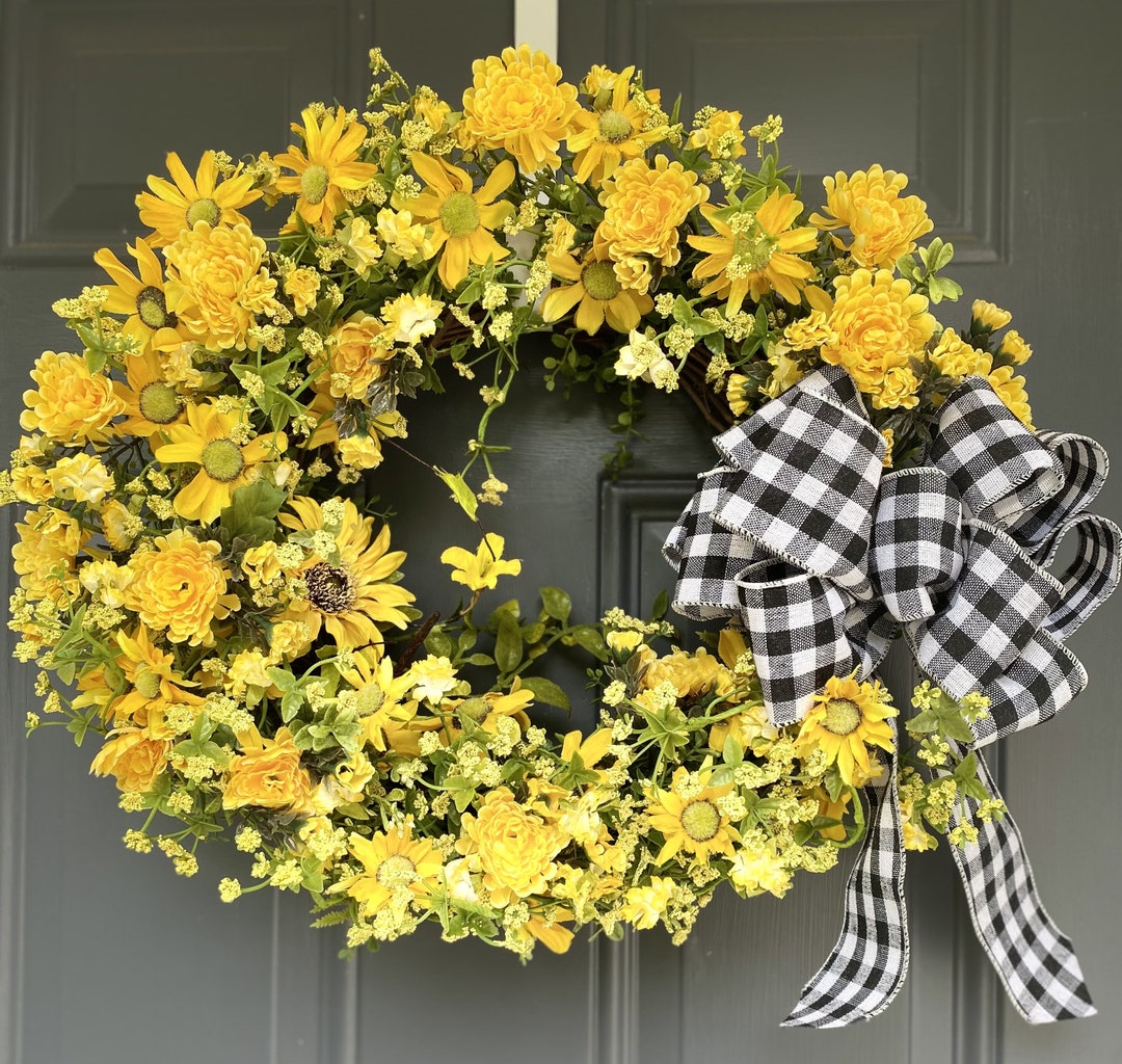 Yellow Daisy Wreath With Bow Front Door Daisy Wreath Etsy