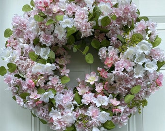 Pink Cherry Blossom Wreath: 19-inch Floral Front Door Decor