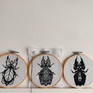 Op de afbeelding: Drie borduurringen met zwarte en witte insectenontwerpen. De ringen zijn gemaakt van hout en hebben een witte stoffen achtergrond.