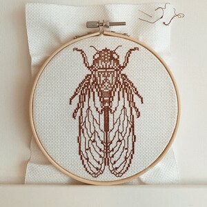 May include: A brown embroidered cicada on white fabric in a wooden embroidery hoop.