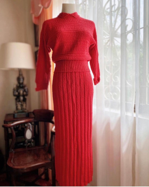 Classic 1950s red two-piece knit set