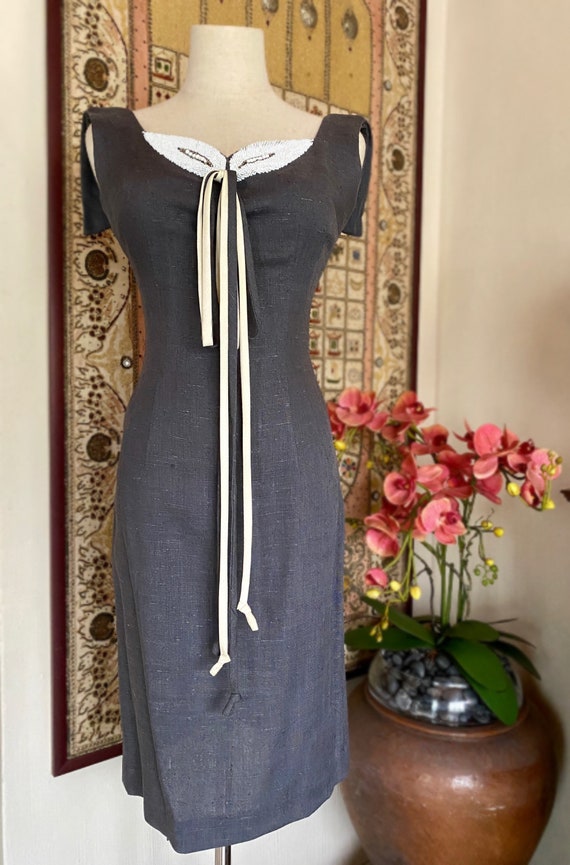 1950s/1960s charcoal linen blend wiggle dress