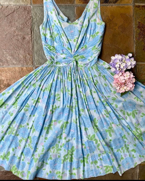 1950s Jerry Gilden blue and pink foral dress