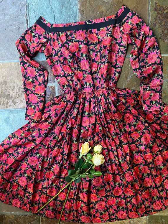 1950s Mr Mort silk rose print dress Sz XS