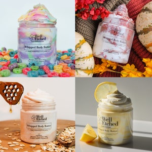 May include: Four jars of whipped body butter with different scents and toppings. The jars are labeled "Well Etched" and "Whipped Body Butter". The scents are "Unicorn Dreams", "Pumpkin Spice", "Oatmeal Milk & Honey", and "Lemon Drop".
