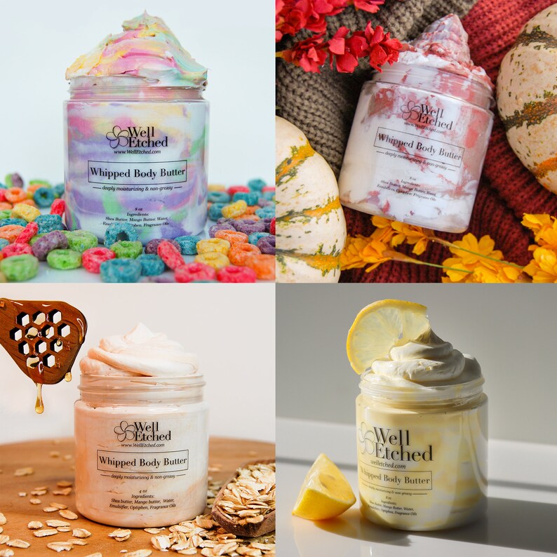 May include: Four jars of whipped body butter with different scents and toppings. The jars are labeled "Well Etched" and "Whipped Body Butter". The scents are "Unicorn Dreams", "Pumpkin Spice", "Oatmeal Milk & Honey", and "Lemon Drop".