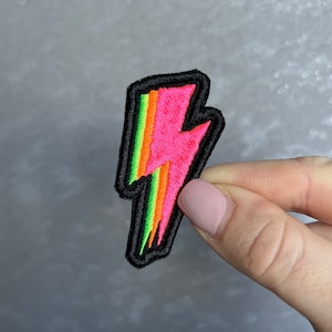 Neon Embroidered Patch, Gamer, Rock and Roll, Retro 80s 90s, Lightning Bolt, Iron or Sew on Bags, Hats, Jackets, Jeans