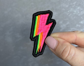 Neon geborduurde patch, gamer, rock and roll, retro jaren '80, jaren '90, bliksemschicht, ijzer of naai tassen, hoeden, jassen, jeans