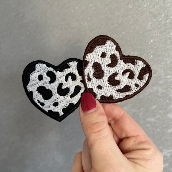 Cow Print Heart, Brown or Black,  Embroidered Patch, Country/Western/Farm Iron on Patch for bags, denim jackets, trucker hats, jeans