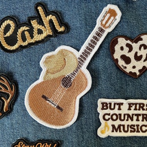 Cowboy Hat and Guitar, Country Music, Nashville, Western, Iron or Sew on Embroidered Patch for Bags, Jeans, Hats, Jackets