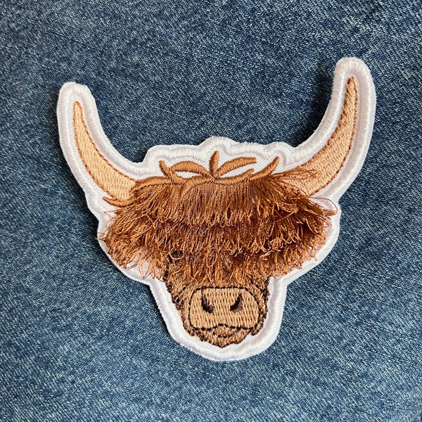 Fringed Fluffy Highland Cow, Country/Western, Scottish Farm Embroidered Iron/Sew on Embroidered Patch for bags, denim jackets, hats, jeans