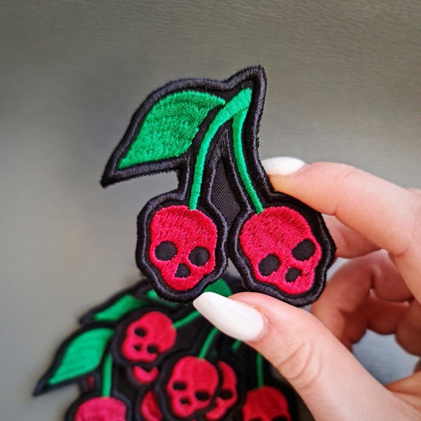 Skull Cherry, Indie/Rock/Punk Style, Fruity Embroidered Patch for bags, hats, jackets, jeans
