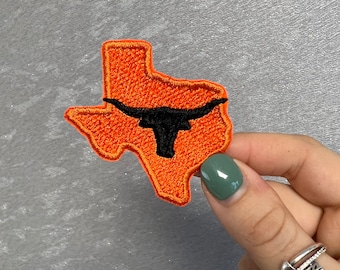 Orange, Texas State Outline, Rodeo Longhorn Bull, Embroidered Iron Patch for Tucker Hats, Jackets, Bags, Jeans