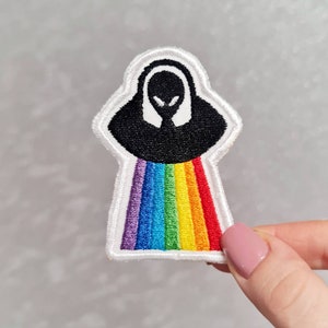 Rainbow Alien, Extra-terrestrial, UFO, Embroidered Iron or Sew on Patch for Bags, Jackets, Jeans, Hats