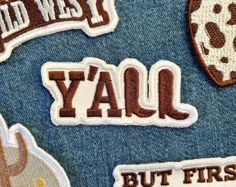 Y’all, Cowboy Boots, Brown Country & Western, Southern USA, Small Iron on Embroidered Patch for bags, jean jackets, jeans, trucker/otto hats