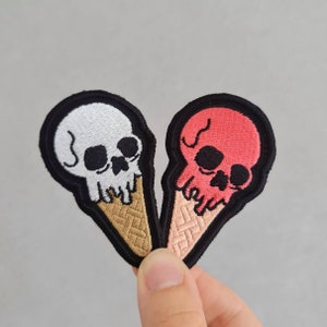 Skull Ice Cream, Embroidered Iron or Sew on Patch, Customisable Kids Rock/Punk/Grunge for Hats, Jackets, Bags, Jeans and more!
