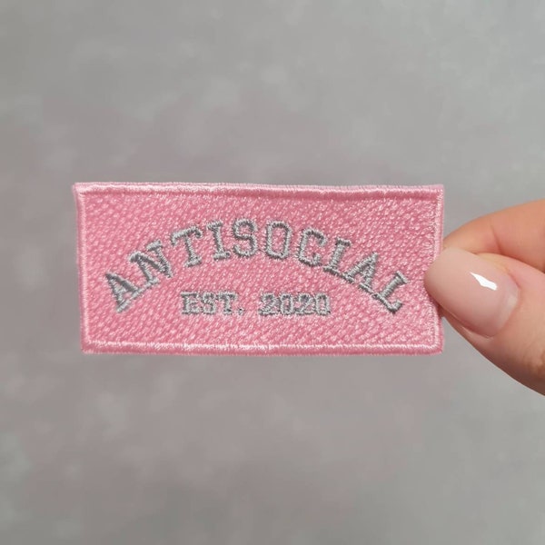 Antisocial, Social Anxiety, College Sport Pink Varsity, Embroidered Iron or Sew on Patch for Jackets, Bags, Hats, Jeans and more!