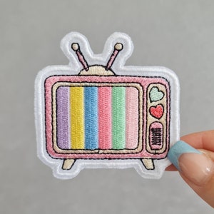 Retro TV, Pastel Pink, Girly 80s television 90s Vibe, Embroidered Iron or Sew on Patch for Bags, Jackets, Jeans, Hats and more!