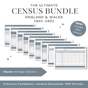 1841 - 1921 England and Wales Census Templates | Printable Genealogy Planner Insert Pages | Family History Research | Dark Heritage Blue