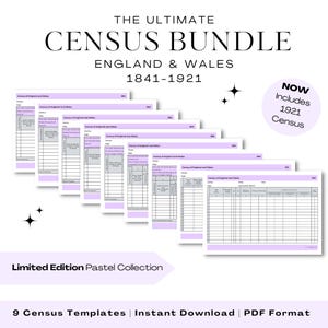 1841 - 1921 England and Wales Census Templates | Printable Genealogy Planner Insert Pages | Family History Research | Pastel Purple