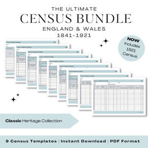 1841 - 1921 England and Wales Census Templates | Printable Genealogy Planner Insert Pages | Family History Research | Heritage Blue