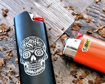 Engraved Candy Skull Face Lighter Case,Personalized Metal Lighter Case Fits BIC Standard Size Lighter,Metal Lighter Sleeve Cover Holder