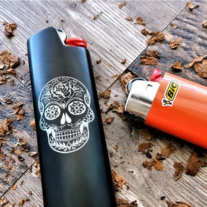 Engraved Candy Skull Face Lighter Case,Personalized Metal Lighter Case Fits BIC Standard Size Lighter,Metal Lighter Sleeve Cover Holder