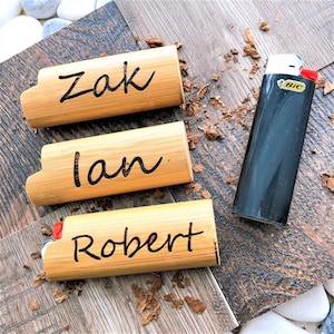 Engraved Lighter Case,Custom Personalized Bamboo Wooden Lighter Case Fits BIC Standard Size Lighter,Metal Lighter Sleeve Cover Holder Gift