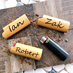 Engraved Lighter Case,Custom Personalized Bamboo Wooden Lighter Case Fits BIC Standard Size Lighter,Metal Lighter Sleeve Cover Holder Gift
