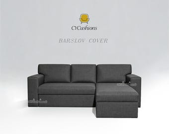 May include: A dark gray sectional sofa cover featuring a chaise lounge on the right side. The text CYCushions and BARSLOV COVER is displayed above the sofa, accompanied by a yellow line-art icon of an armchair on a plain background.