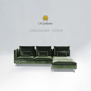 May include: A green velvet sectional sofa with matching throw pillows. The sofa has a chaise lounge on the right side and is set against a white background. The text "CYCushions" and "SODERHAMN COVER" are displayed above the sofa.