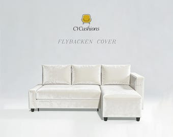 May include: A cream-colored sectional sofa with a chaise lounge on the right side, featuring three back cushions and a smooth fabric finish. Above the sofa, the text reads CYCushions and FLYBACKEN COVER with a yellow chair icon.