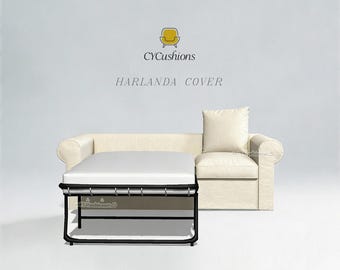 May include: A cream-colored sofa with a matching square throw pillow and a pull-out bed frame featuring a white mattress. The text CYCushions and HARLANDA COVER is displayed above the furniture, along with a yellow chair icon.