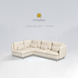 May include: A cream-colored sectional sofa with multiple cushions and a low profile. The sofa has a modern design with metal legs and is labeled "SODERHAMN COVER" with the "CYCushions" logo.