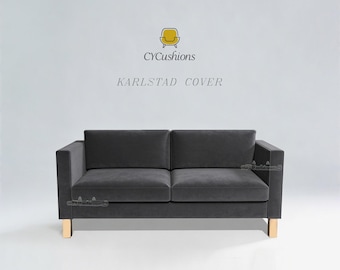 May include: A dark grey velvet sofa cover for a Karlstad model, featuring a smooth fabric texture, two rectangular back cushions, two seat cushions, and light-coloured wooden legs. The text CYCushions and KARLSTAD COVER appear above.