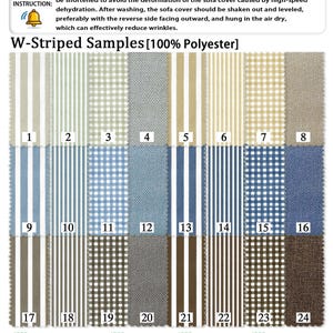 May include: A collection of 24 fabric swatches with various striped and checkered patterns in a range of colors, including blue, beige, and brown. The text "W-Striped Samples [100% Polyester]" is displayed above the swatches. The image also includes care instructions.
