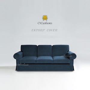 May include: A navy blue EKTORP sofa cover. The cover has a corduroy texture and a skirted base. The CYCushions logo and the words "EKTORP COVER" are displayed above the sofa.