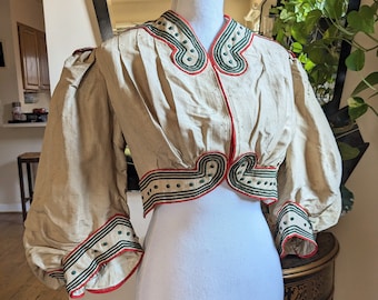 1890s Pleated Silk Bolero Jacket With Corded Trim and Buttons